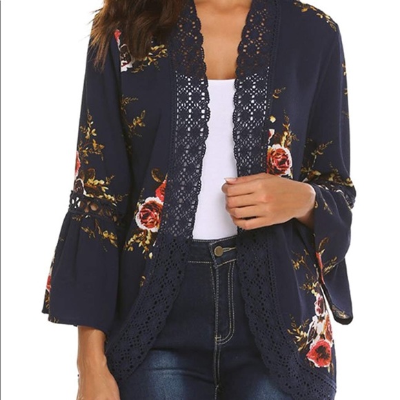 🏆Navy Boho Floral Kimono Cardigan - Picture 3 of 5